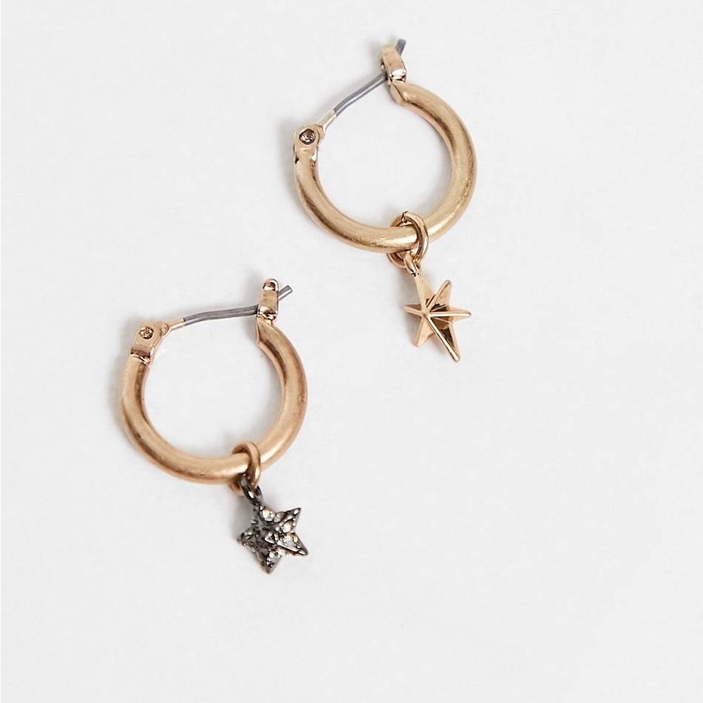 AllSaints New Celestial Star Charm Huggies Earrings in Gold Tone Plated Brass